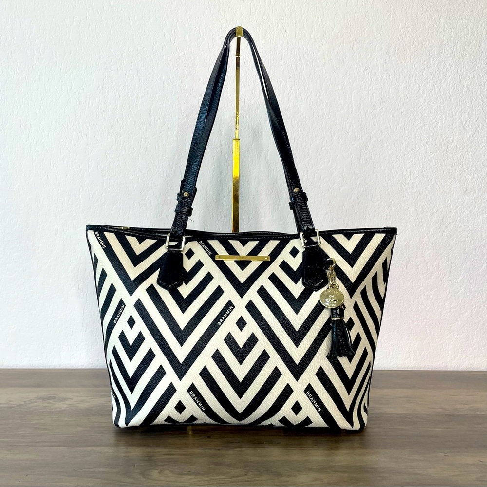 Brahmin Black White Valle Medium Asher Leather Geometric Shoulder Bag Tote